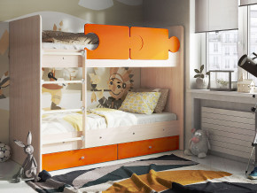 Кровать двухъярусная Тетрис латы с бортиками дуб млечный-оранжевый в Тобольске - tobolsk.magazinmebel.ru | фото